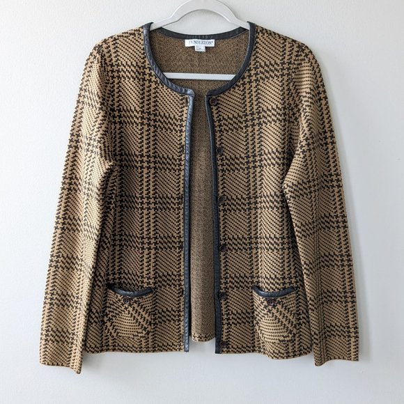 Pendleton Sweaters - Pendleton Leather Trim Houndstooth Button Up Cardigan
